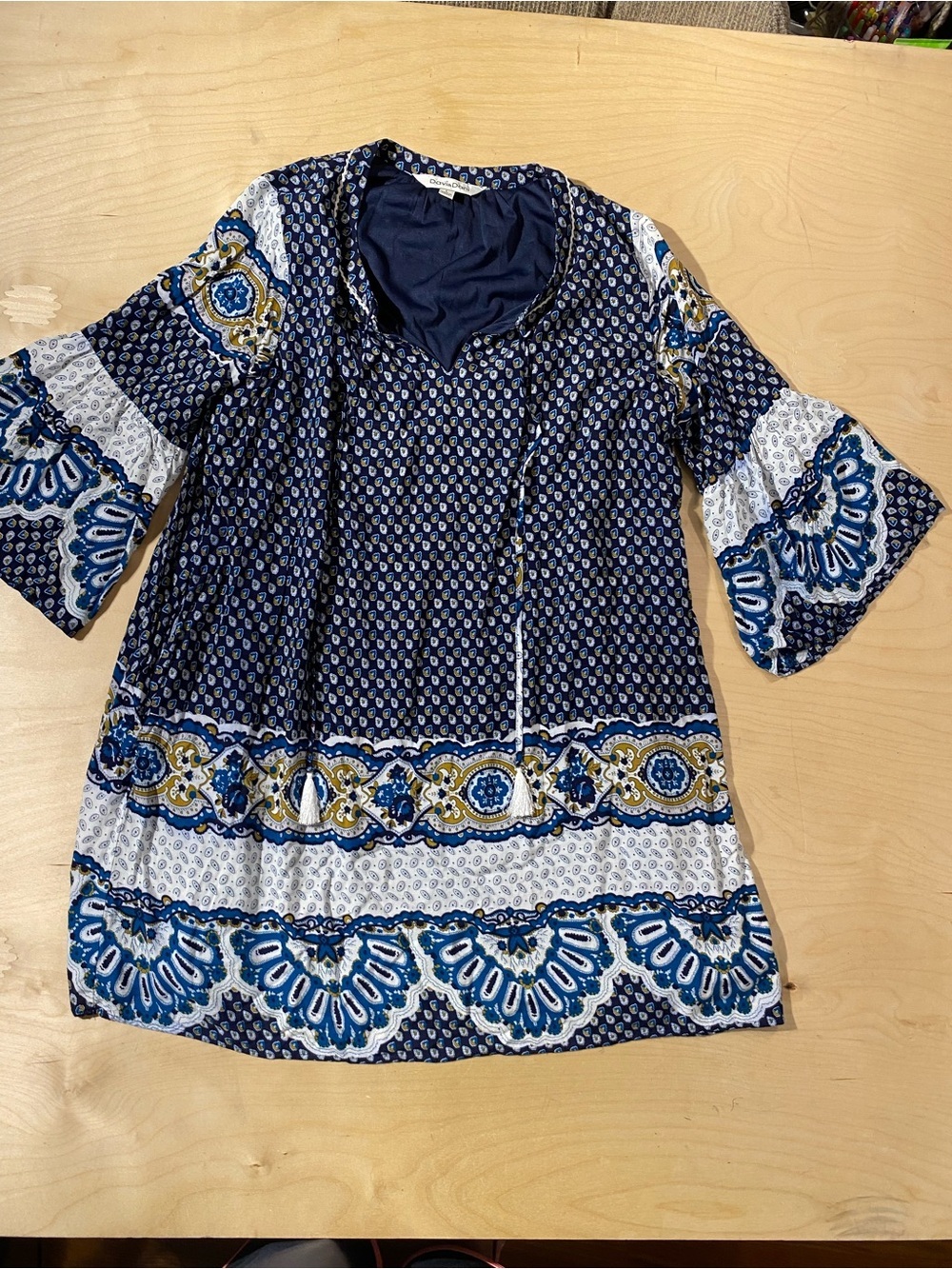 DAVI & DANI Navy, White and Gold Boho Patterned Tunic Large (SA)